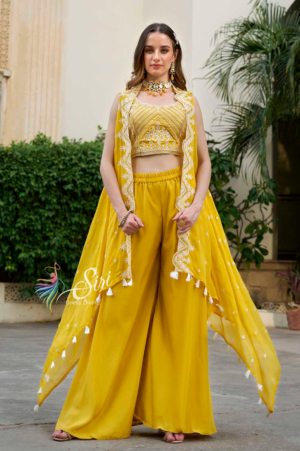 Yellow colour crape partywear palazo set