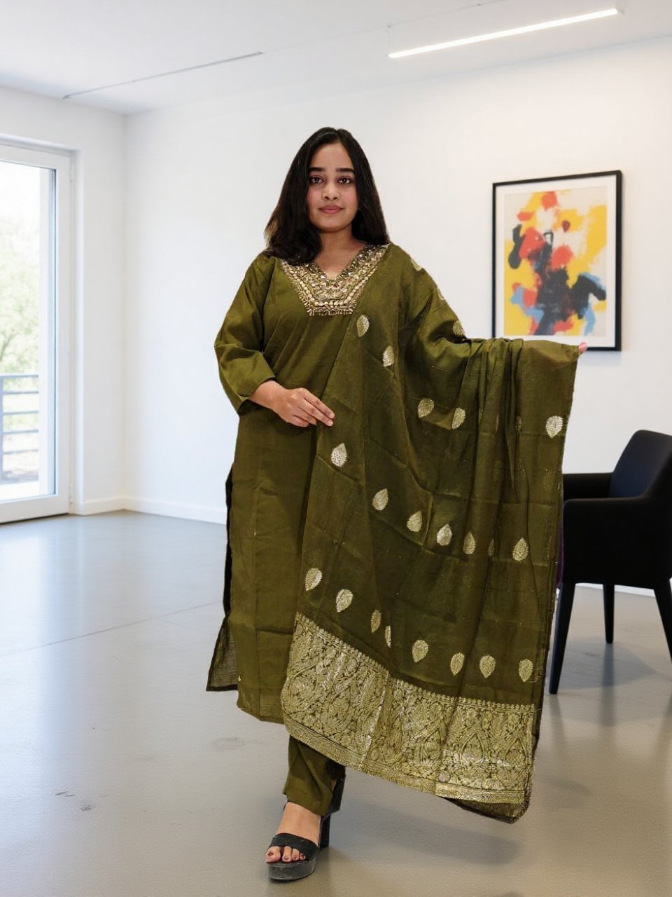 Olive Green 3 Pcs Bottom Dupatta Set