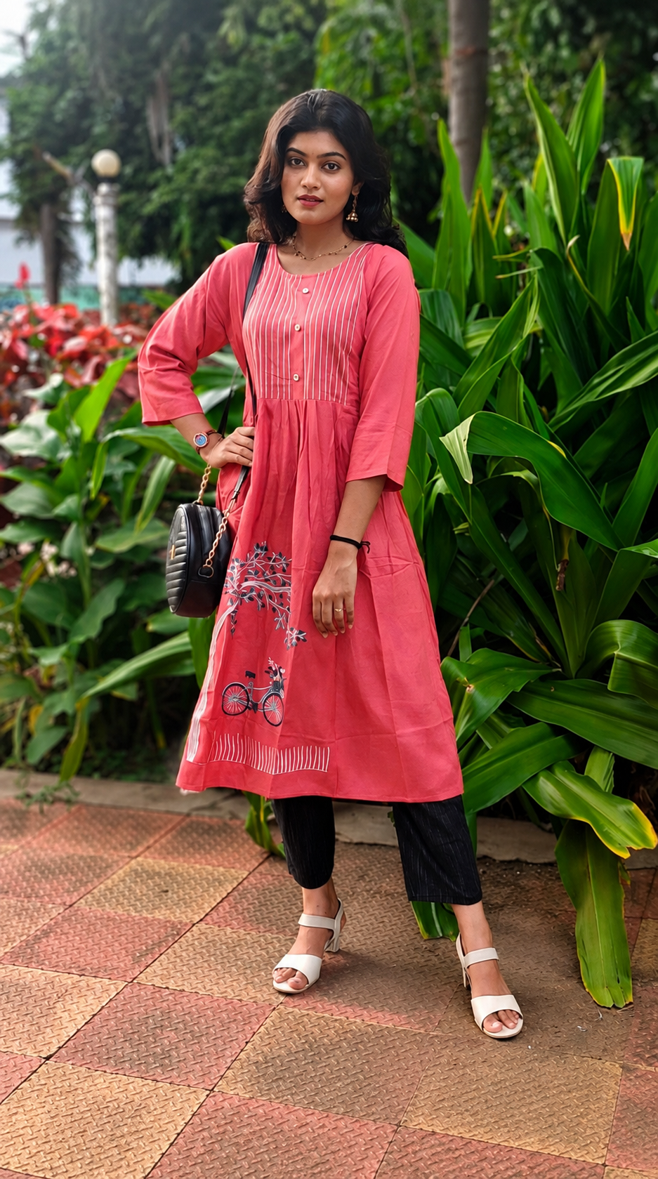 chic coral red flared kurti