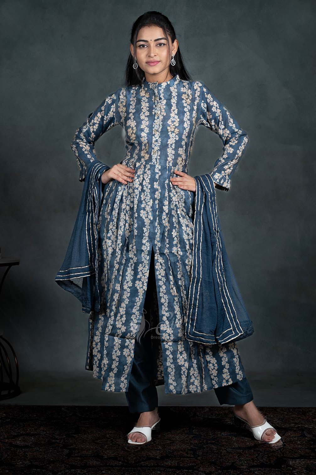 Grey Colour Floral Print 3 Pcs Bottom Dupatta Set