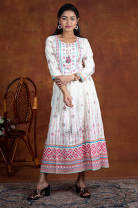 White And Pink Print Work Kurti