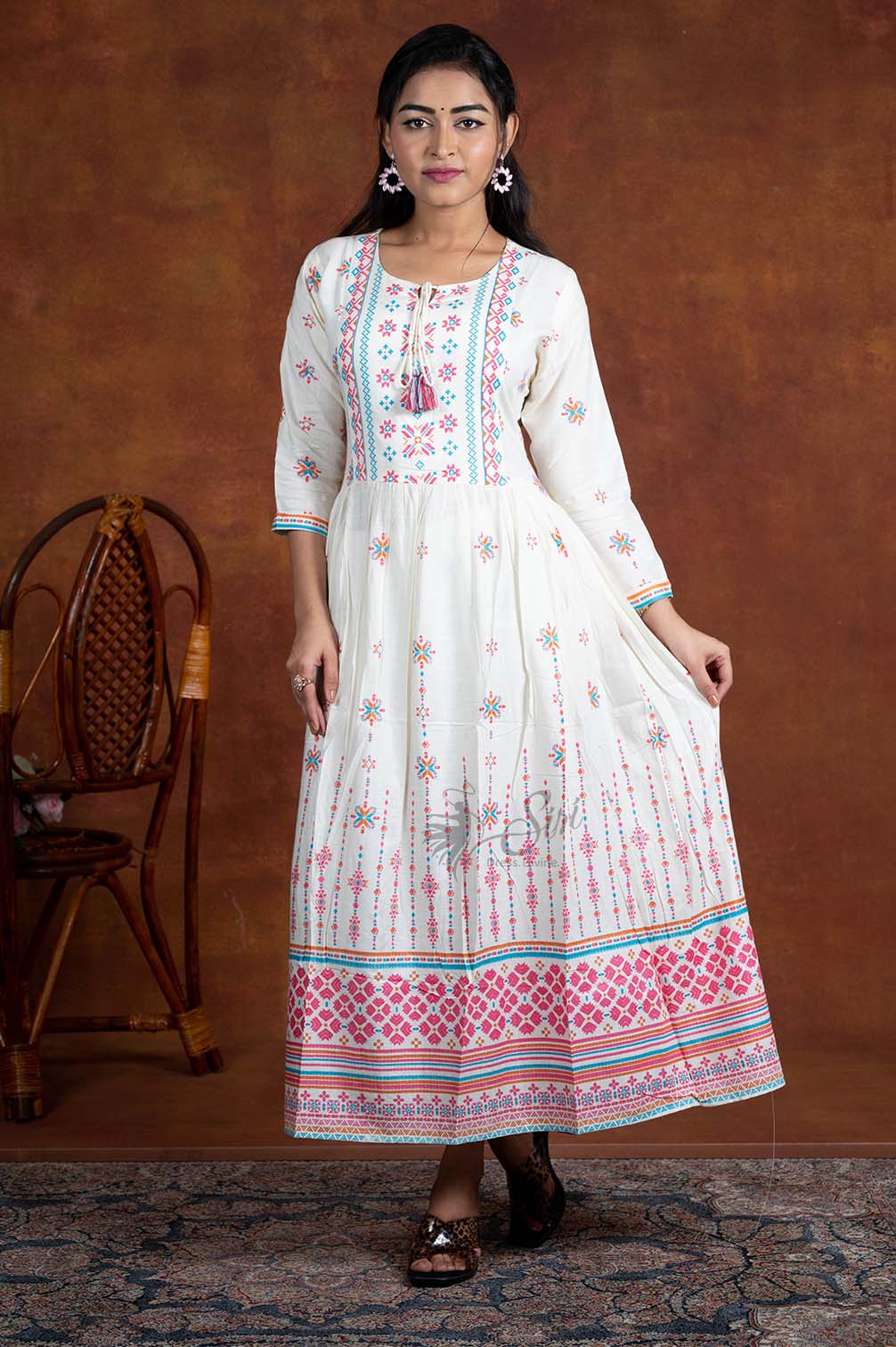 White And Pink Print Work Kurti