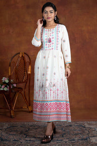 White And Pink Print Work Kurti