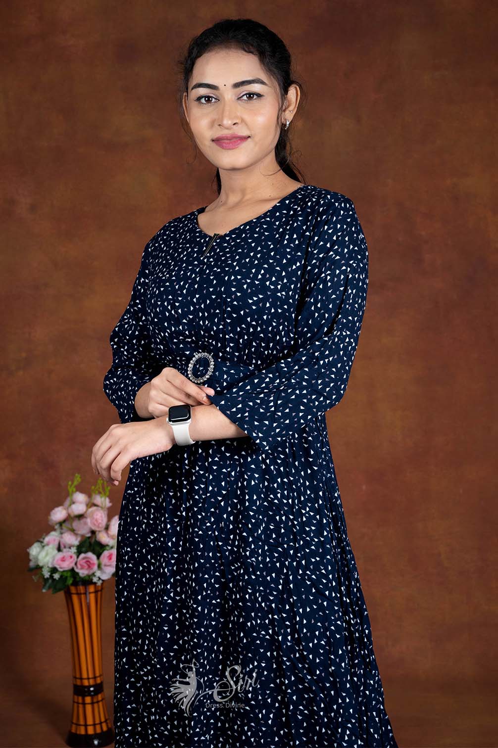 Navy Blue Print Work Westren Top