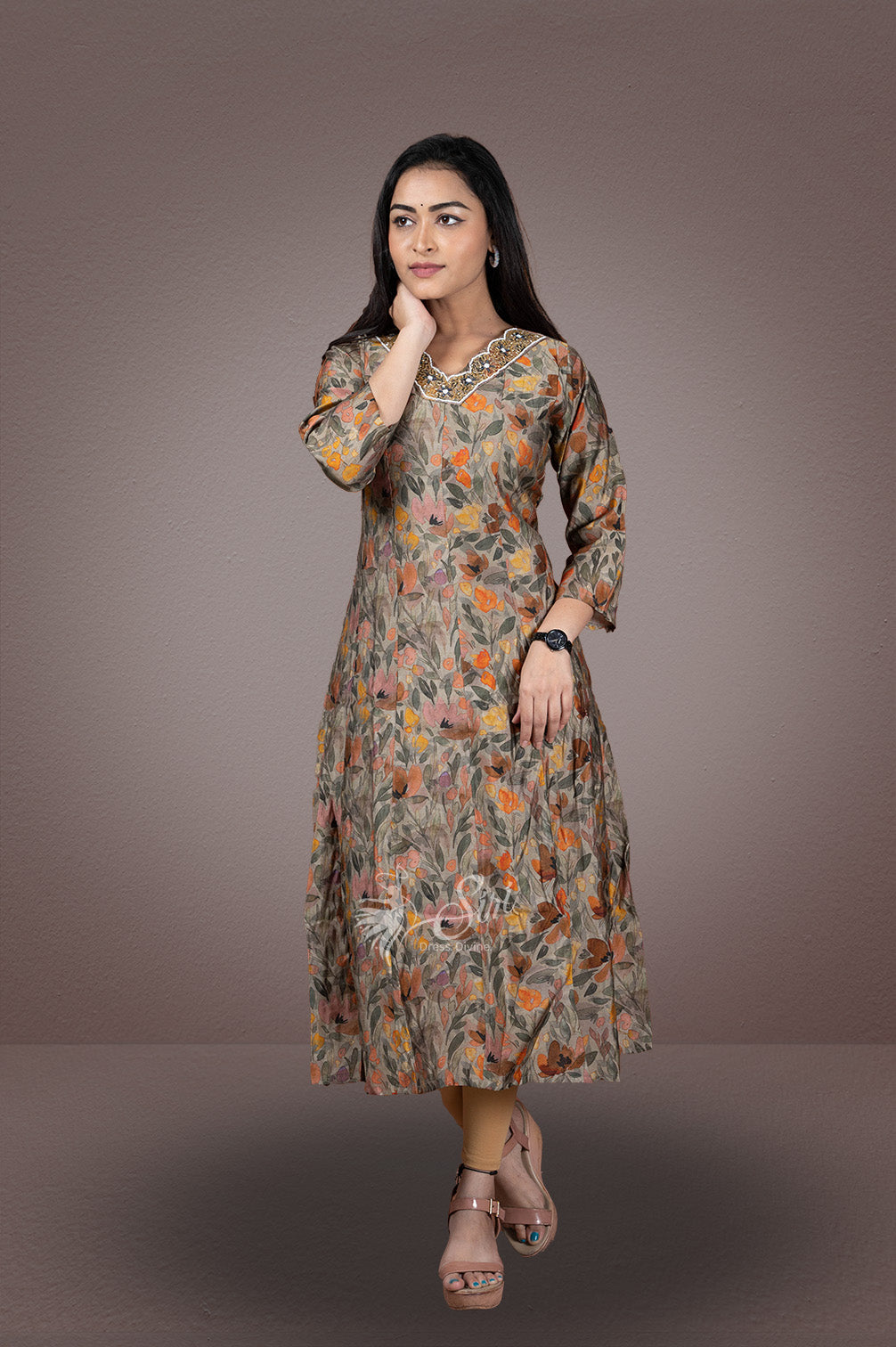 Gray colour crape floral print kurti