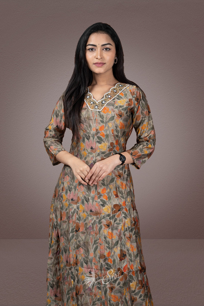 Gray colour crape floral print kurti