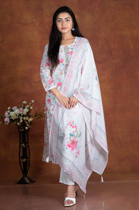 White And Pink Colour Floral Print 3 Pc's Bottom Duppata Set