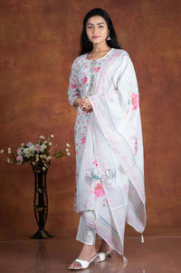 White And Pink Colour Floral Print 3 Pc's Bottom Duppata Set