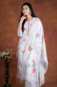 White And Pink Colour Floral Print 3 Pc's Bottom Duppata Set