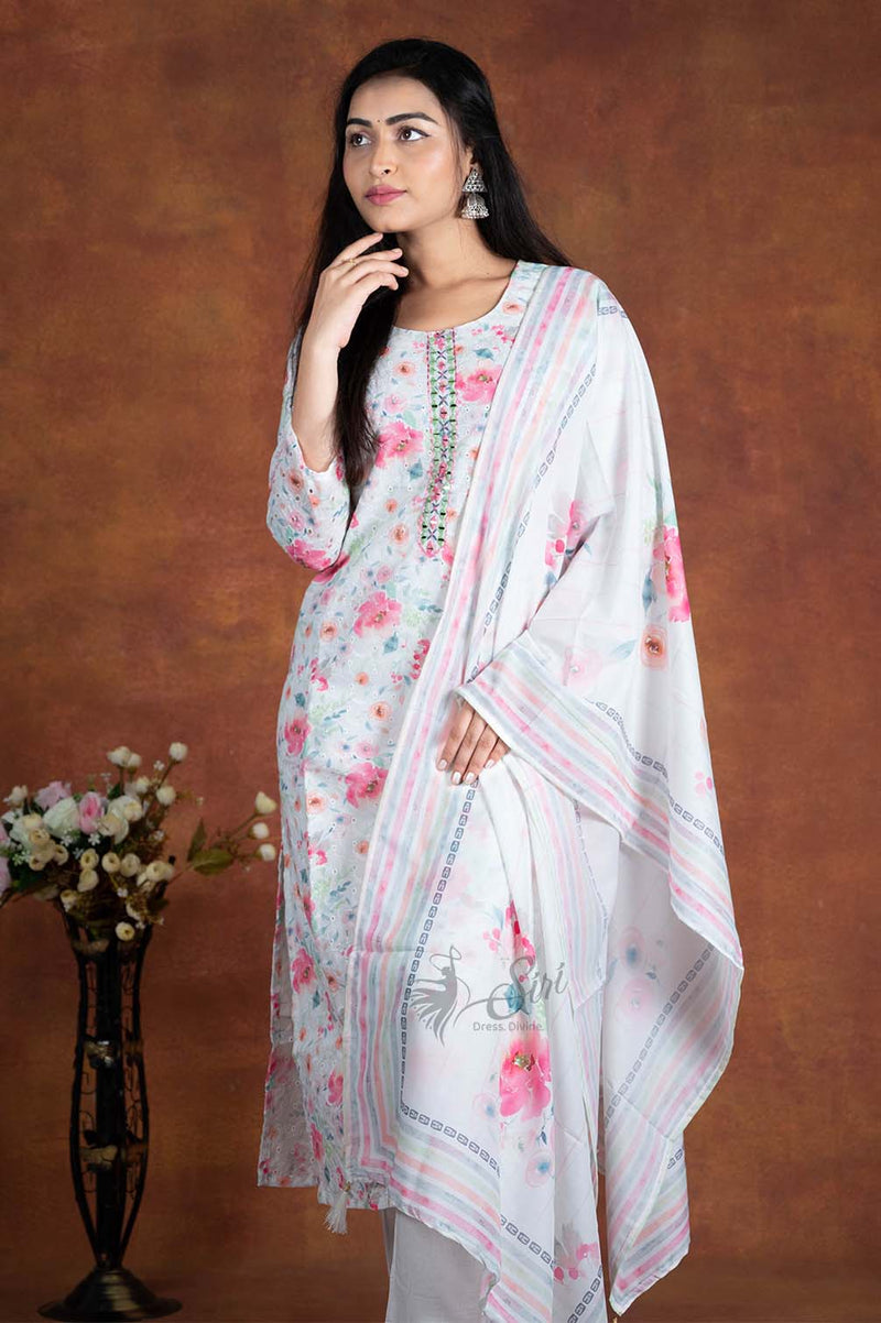 White And Pink Colour Floral Print 3 Pc's Bottom Duppata Set