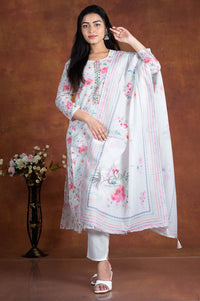 White And Pink Colour Floral Print 3 Pc's Bottom Duppata Set