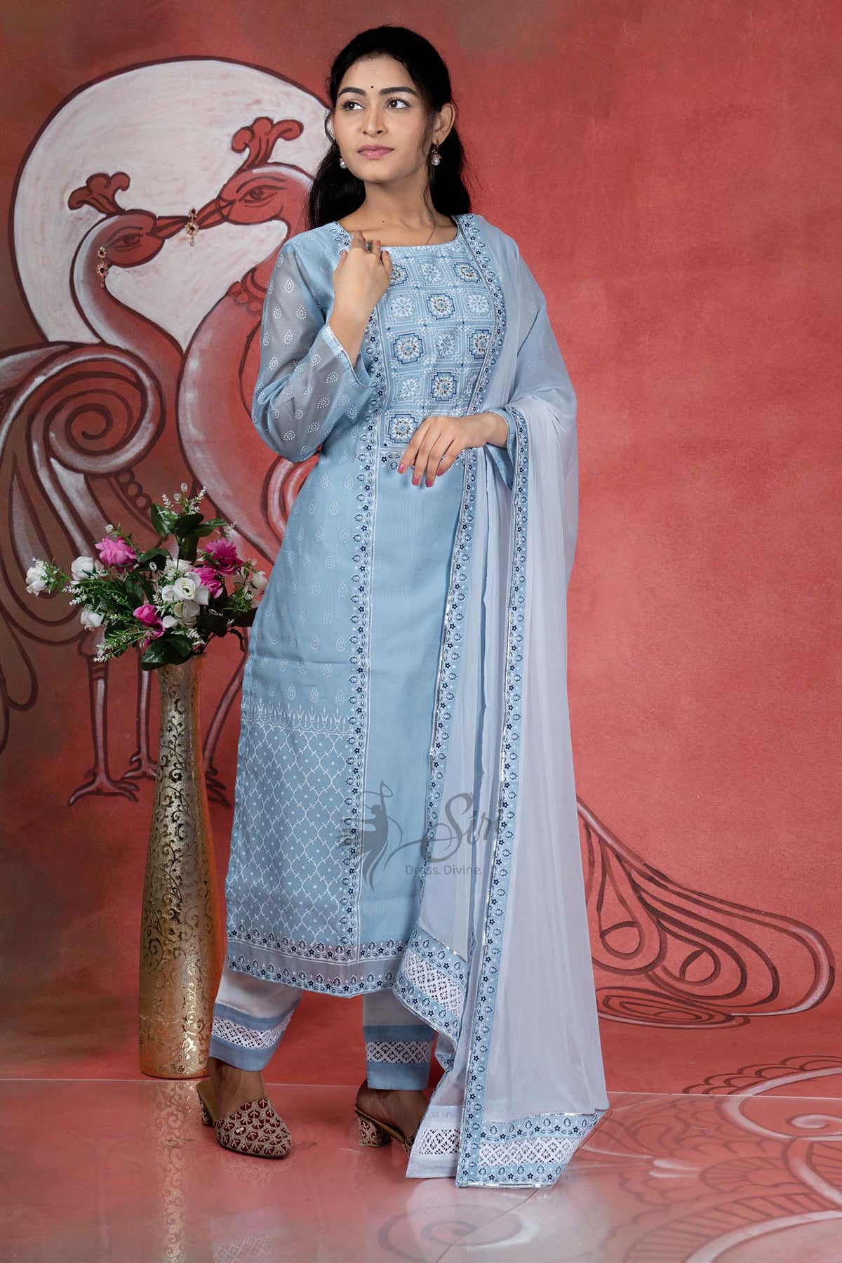 Baby Blue Print And Chips Work Salwar Straight Cut Kurti