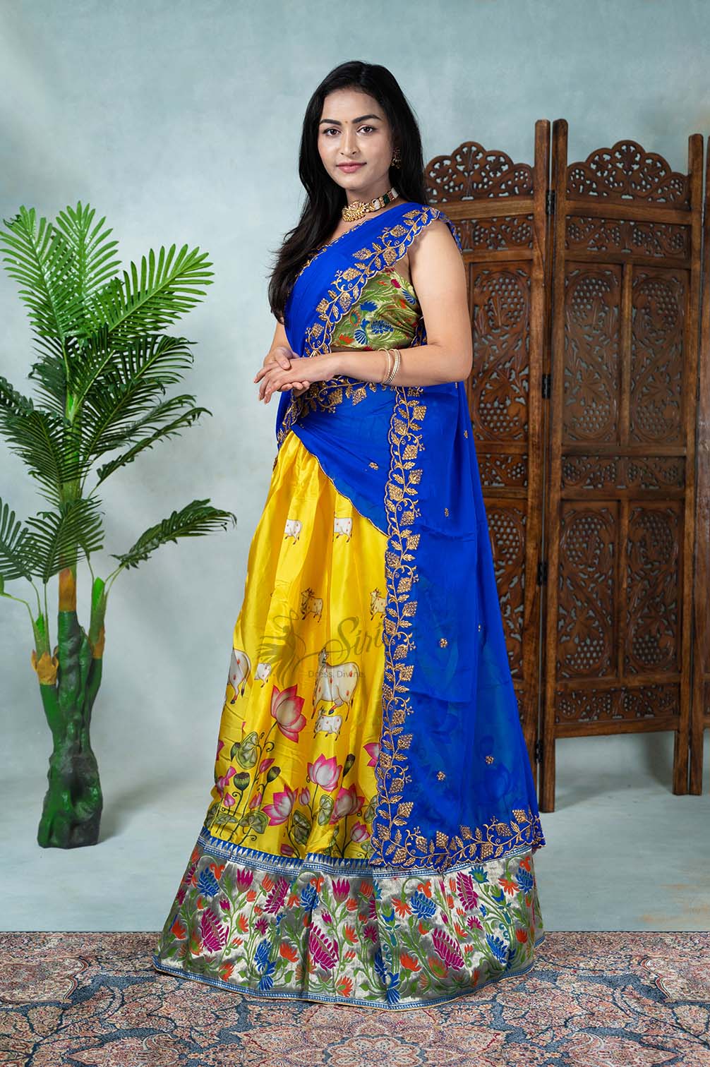 Floral Print And Paitani Border Crape Pattu Half Saree