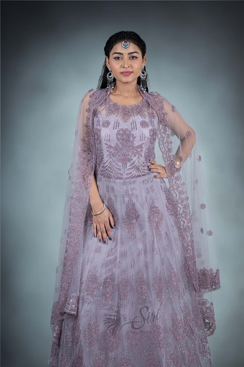 Lavender Colour Net Chudidar Kali