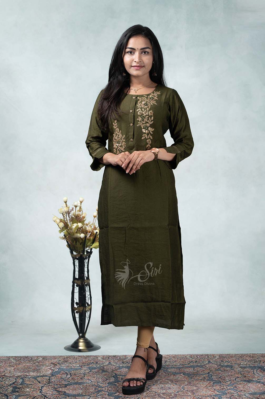 Mahendi Green Color Straight Cut Kurti