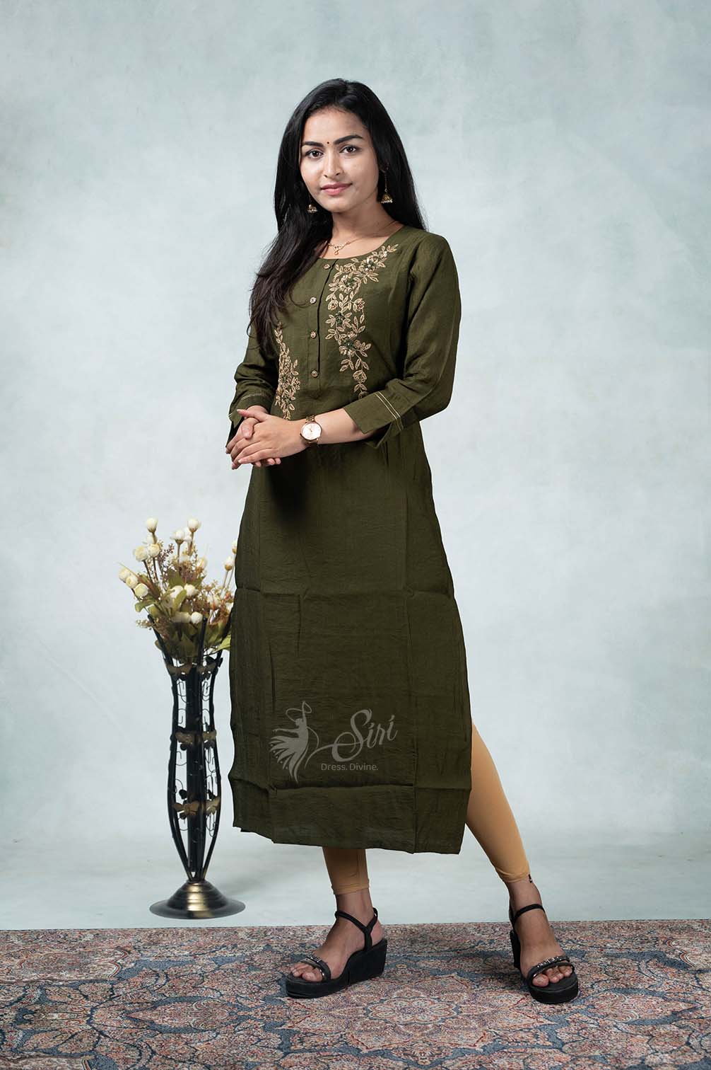 Mahendi Green Color Straight Cut Kurti