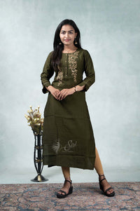 Mahendi Green Color Straight Cut Kurti