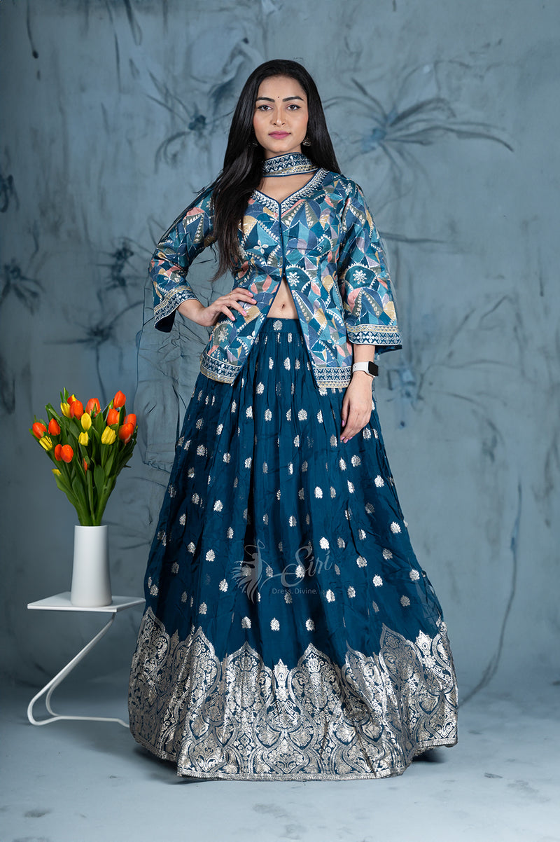 Blue colour print and Gold zari buta work crop top