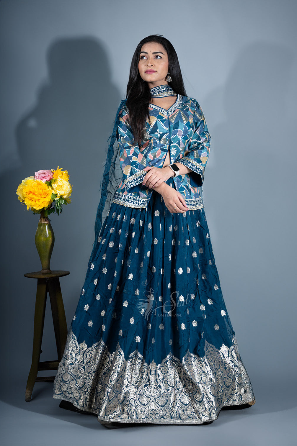 Blue colour print and Gold zari buta work crop top