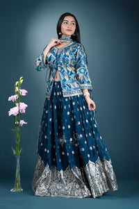 Blue colour print and Gold zari buta work crop top