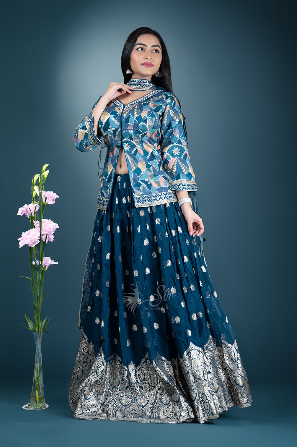 Blue colour print and Gold zari buta work crop top