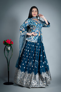 Blue colour print and Gold zari buta work crop top