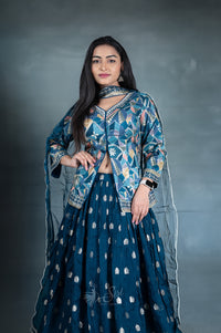 Blue colour print and Gold zari buta work crop top