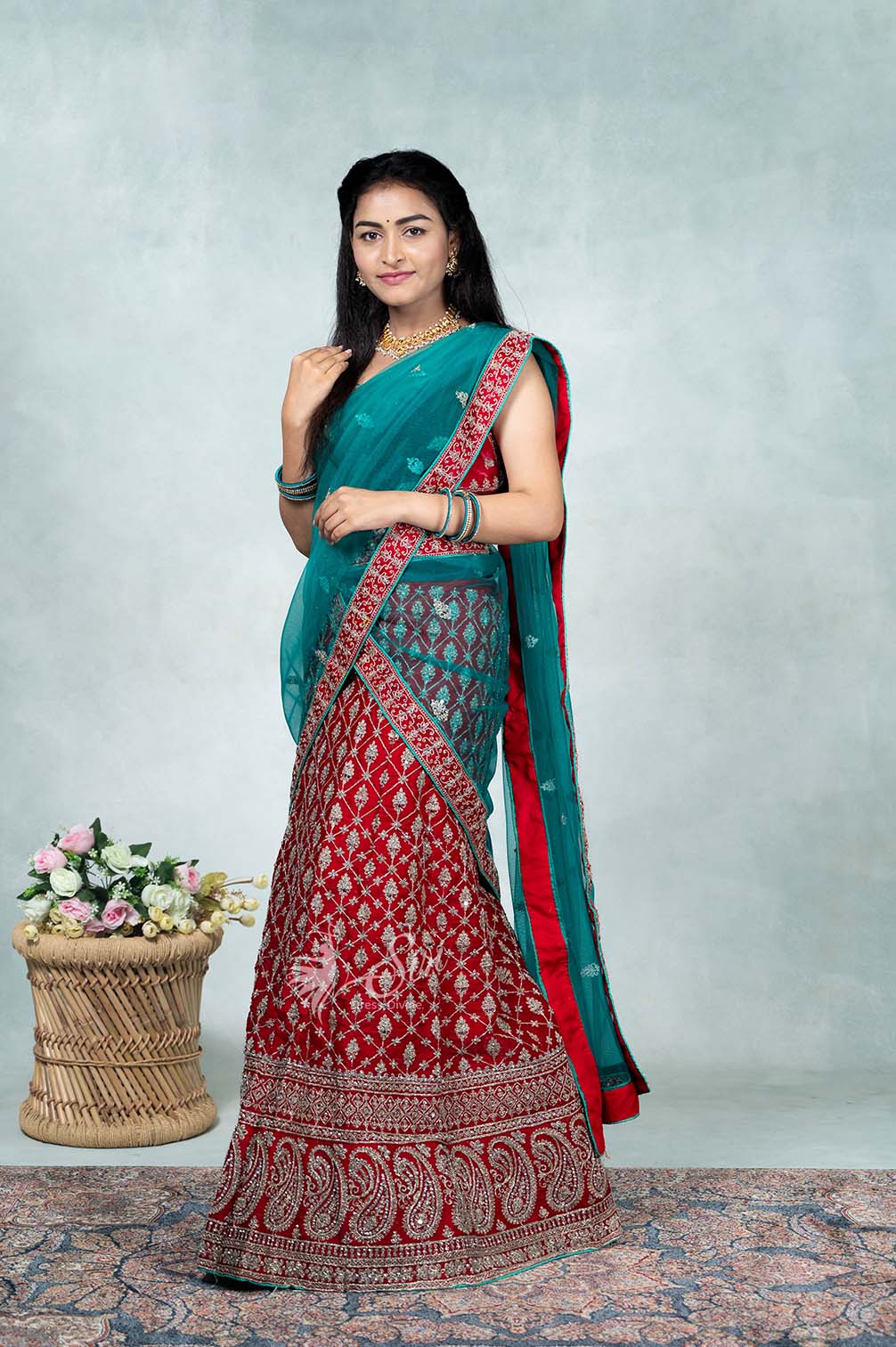 Glossy Turquoise And Pink Art Silk Net With Georgette Half N Half Saree.  Online Buy designer Saree In Canada.