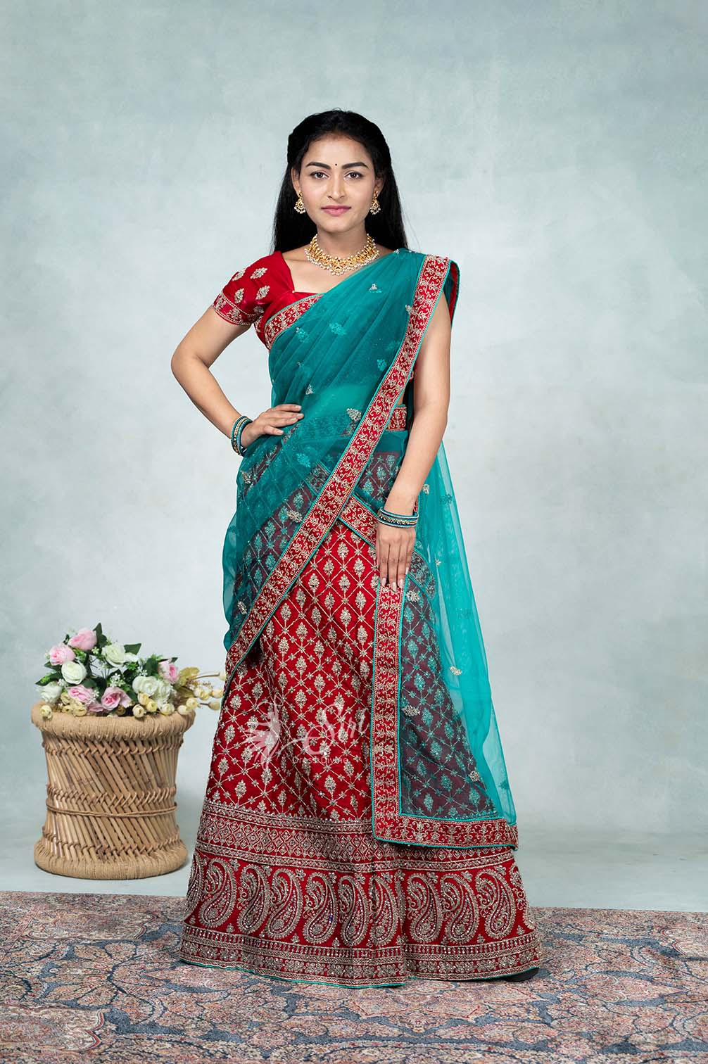 Shop Sorcerous Beads Work Cream and Turquoise Bamberg Georgette Half N Half  Saree Online