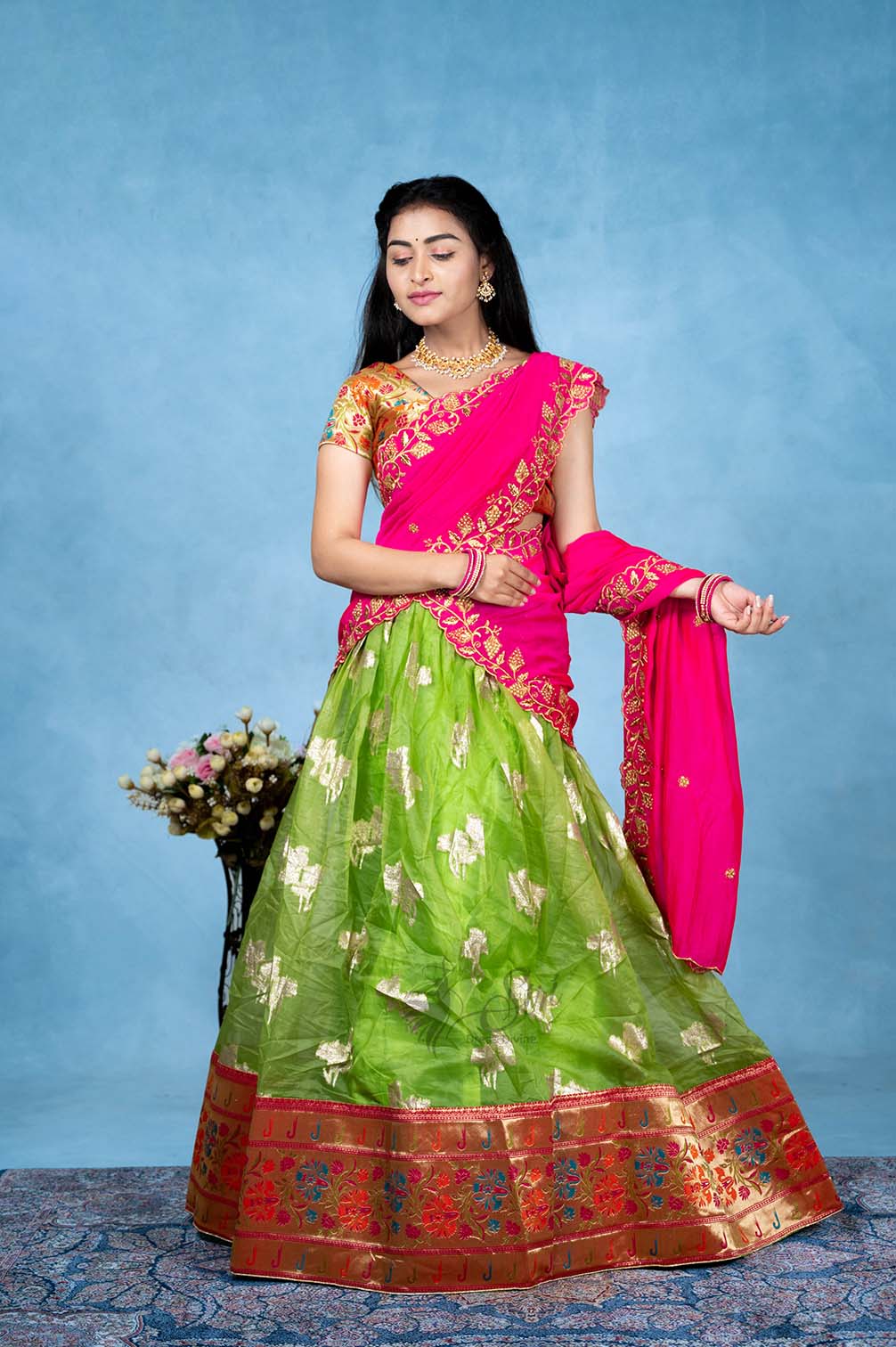 Pink And Parrot Green Half Saree