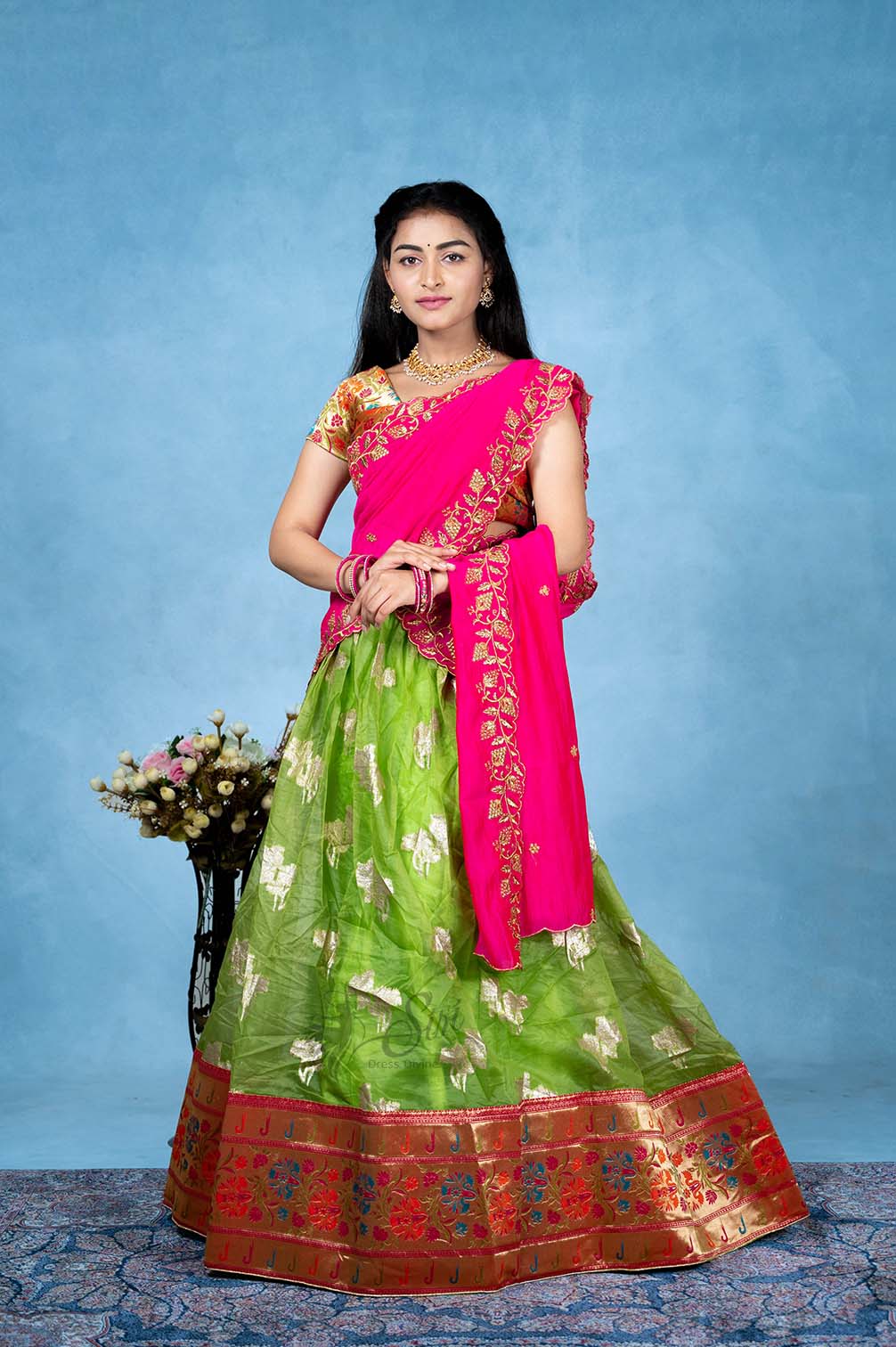 Pink And Parrot Green Half Saree