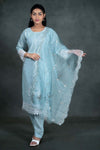 Sky Blue Colour Cotton 3 Pcs Bottom Duppata Set