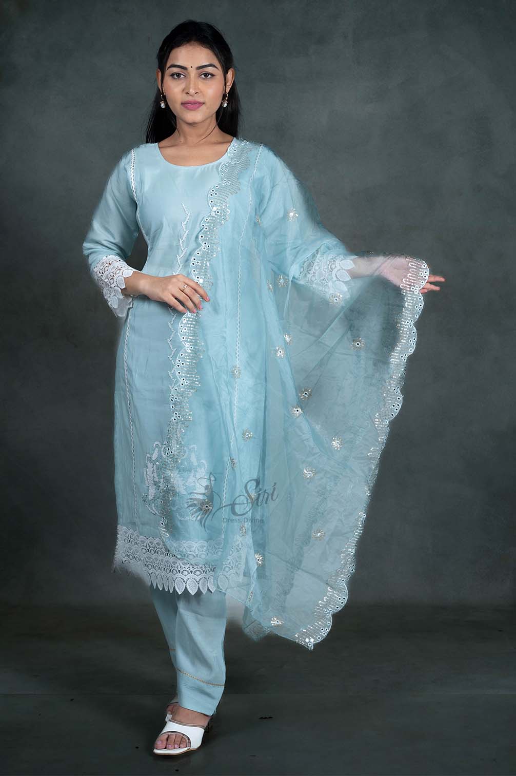Sky Blue Colour Cotton 3 Pcs Bottom Duppata Set