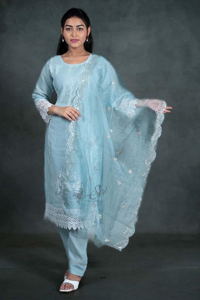 Sky Blue Colour Cotton 3 Pcs Bottom Duppata Set