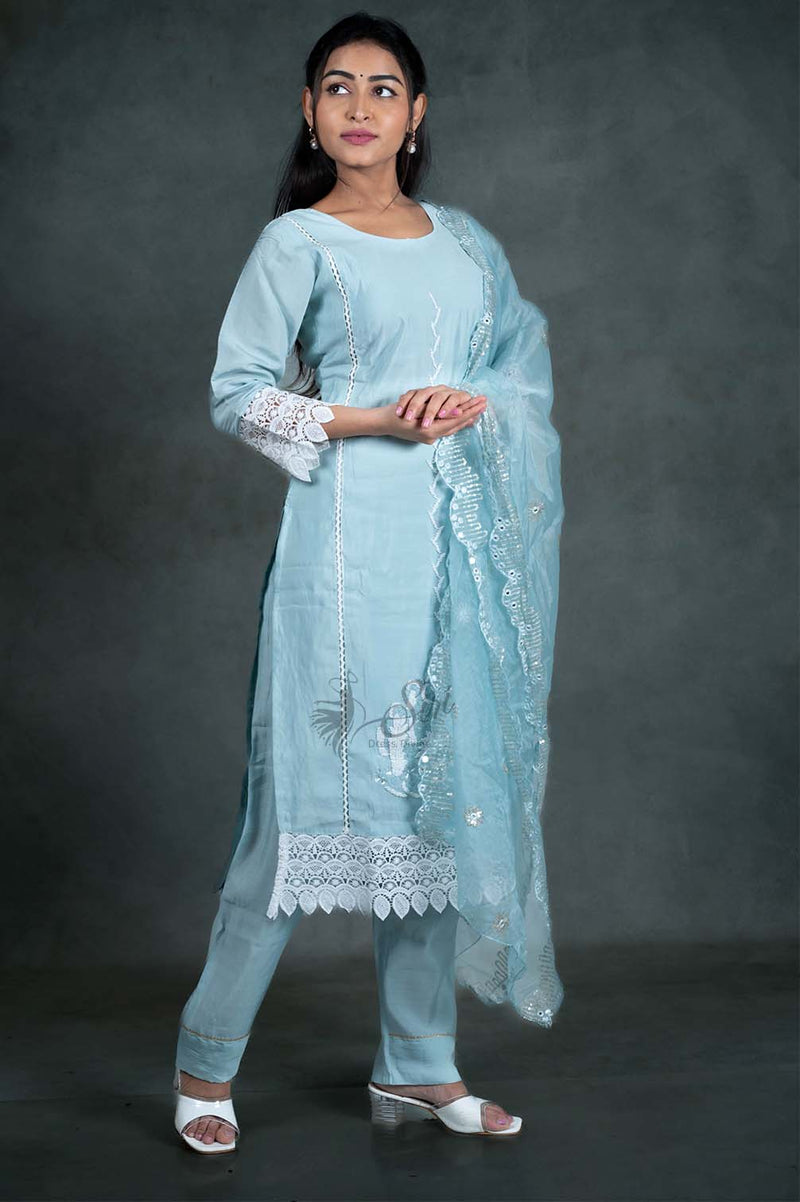 Sky Blue Colour Cotton 3 Pcs Bottom Duppata Set
