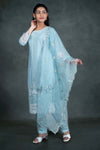 Sky Blue Colour Cotton 3 Pcs Bottom Duppata Set