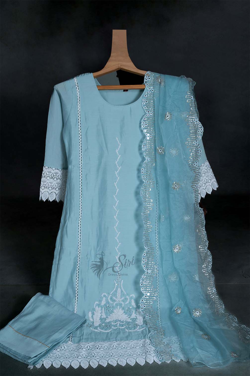 Sky Blue Colour Cotton 3 Pcs Bottom Duppata Set