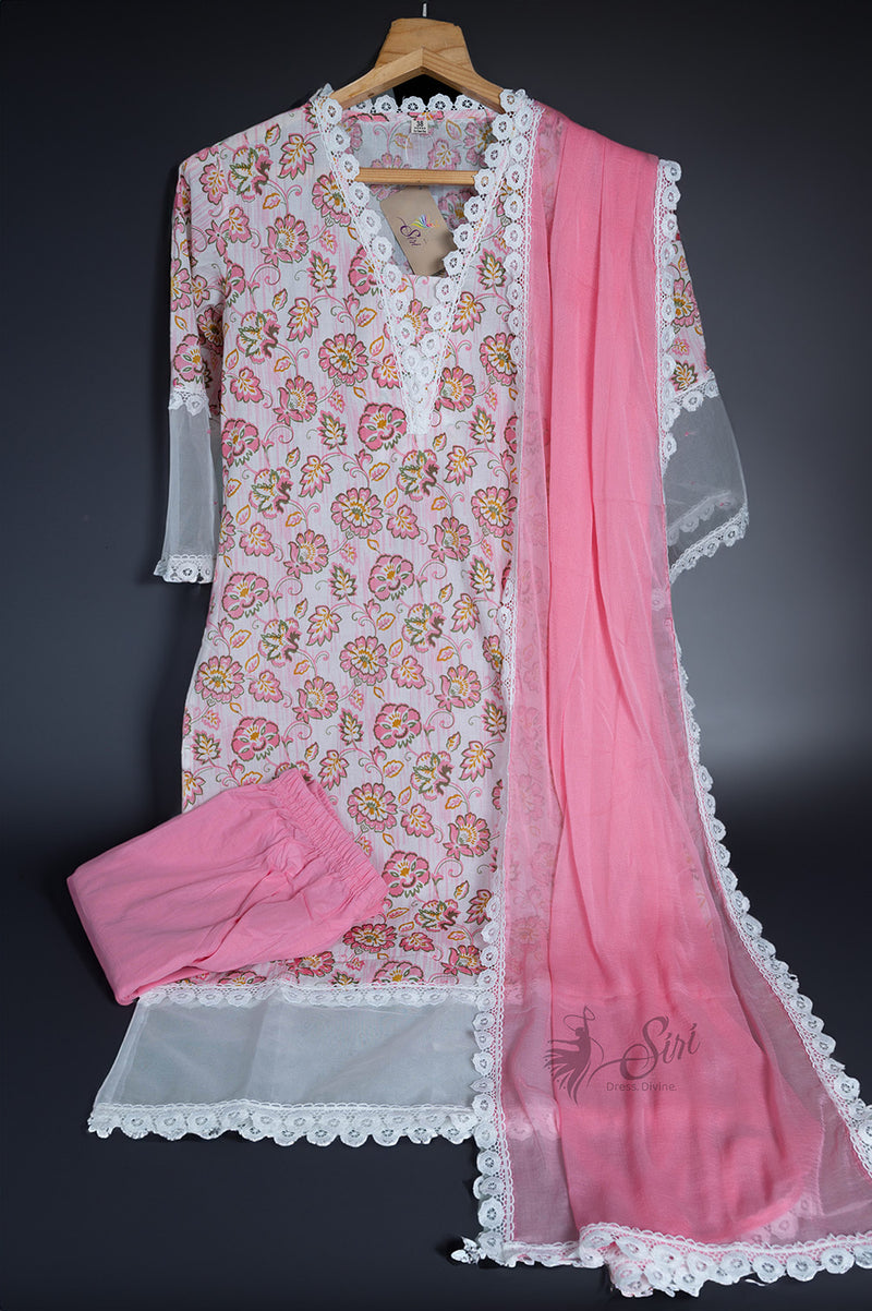 Pink Colour Floral Print 3 Pcs Bottom Duppata Set
