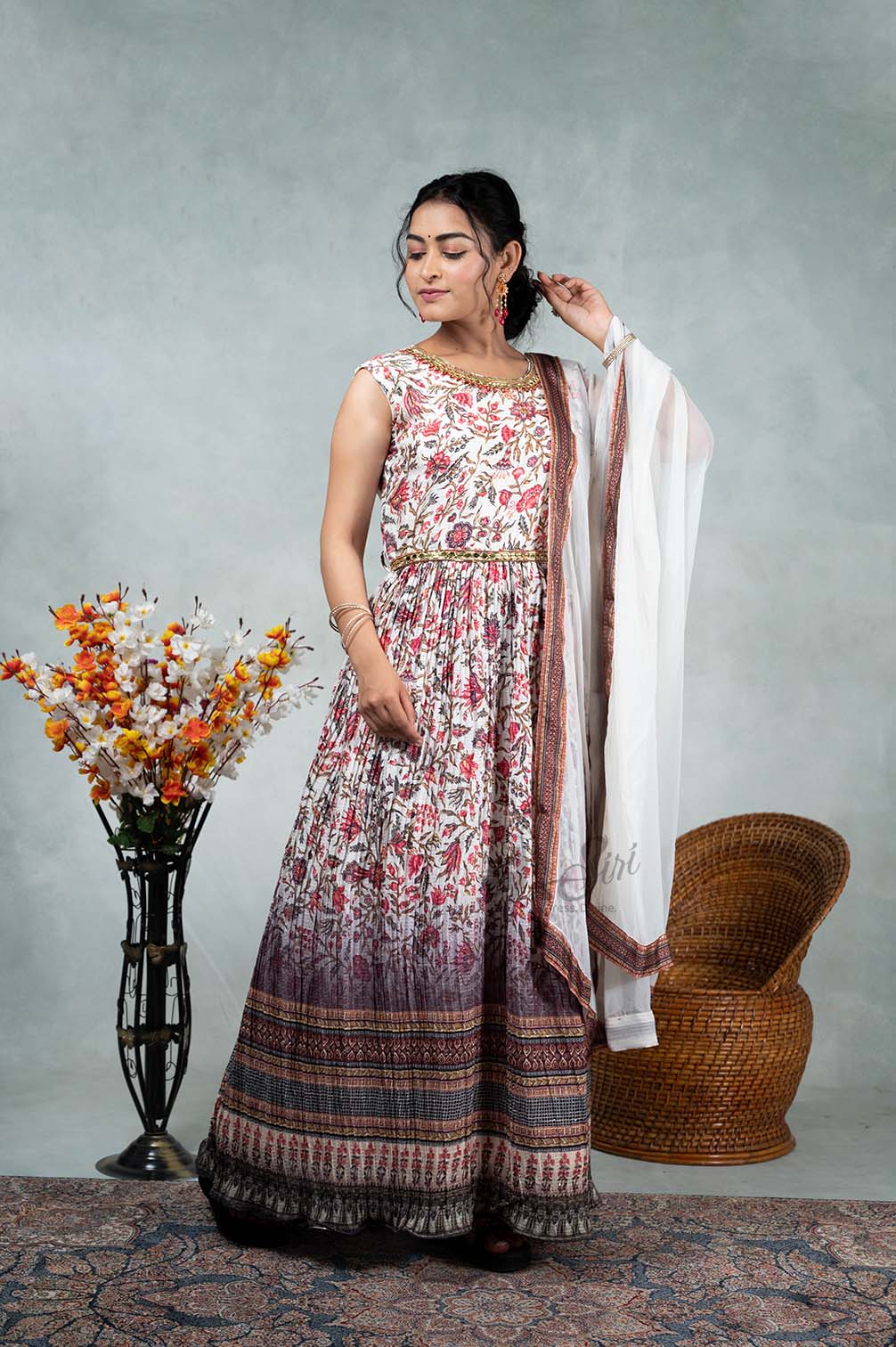 Floral Print,Thread And Stone Mirror Work Chudidhar Kali