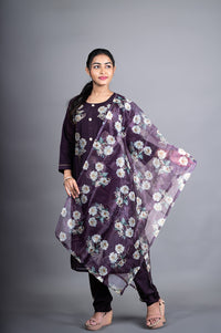 Dark purple floral print 3 Pc's Bottom duppata set
