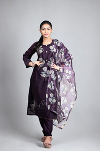 Dark purple floral print 3 Pc's Bottom duppata set