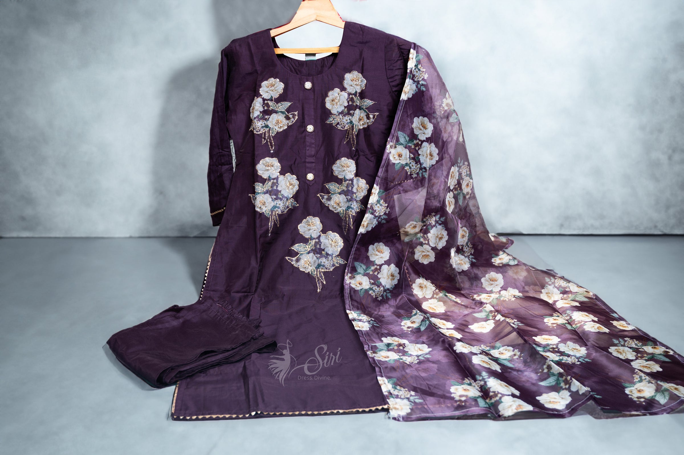 Dark purple floral print 3 Pc's Bottom duppata set