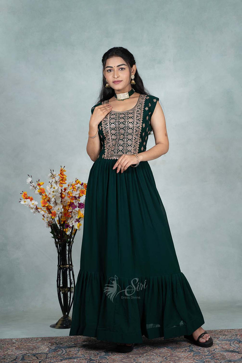 Georgette Bottle Green Chudidhar Kali