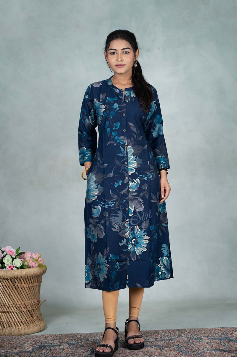 Blue Colour Rayon Silk , Floral Print Kurti