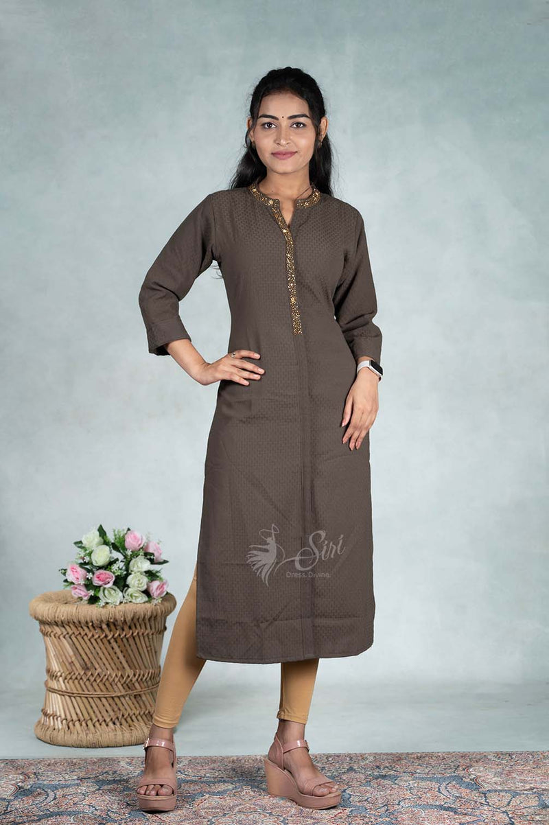 Crape Silk Stone Work  Straight Cut Kurti