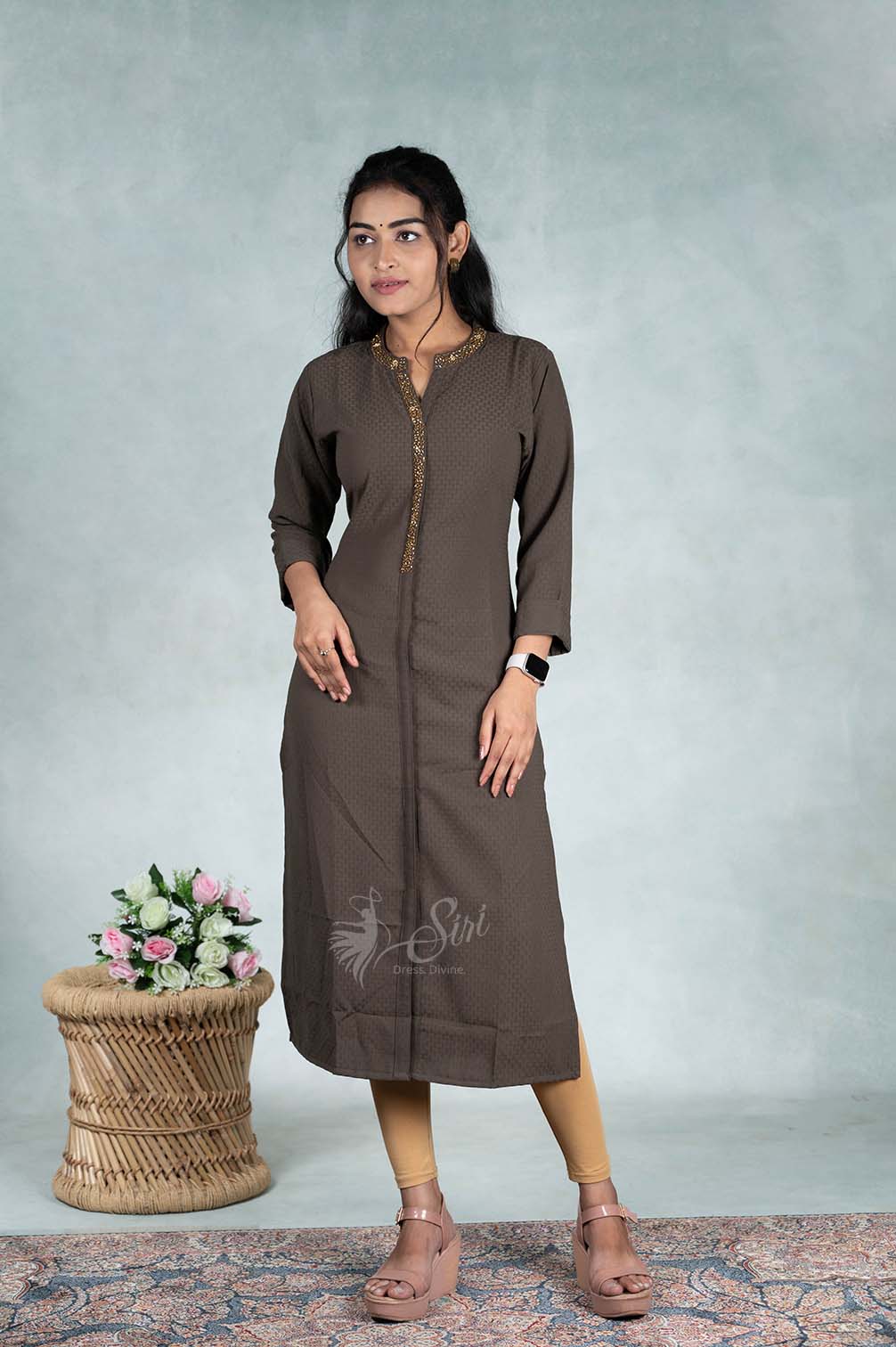 Crape Silk Stone Work  Straight Cut Kurti