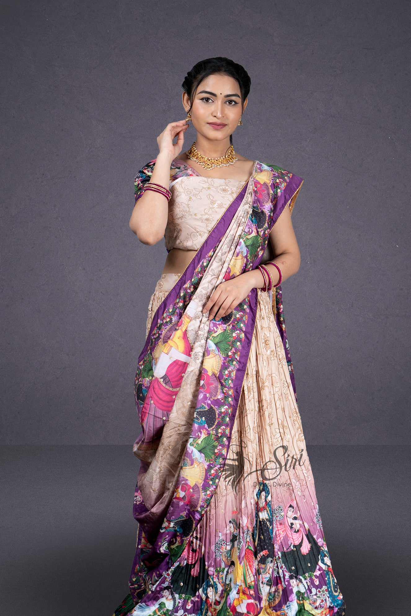 Multi colour floral print half saree