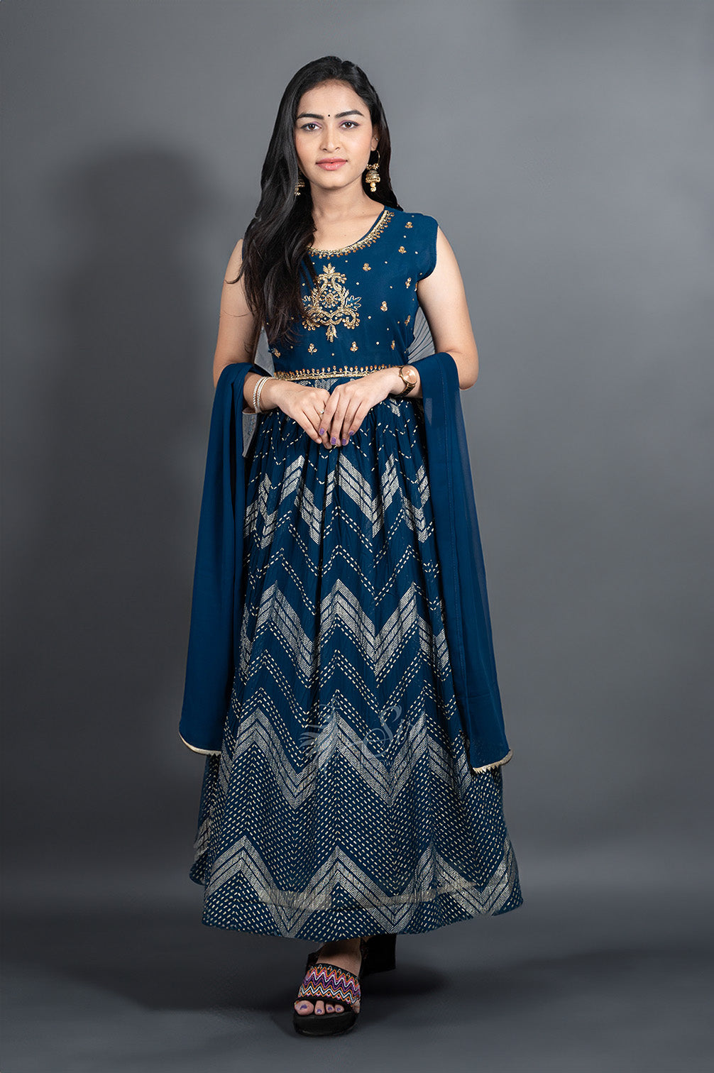 Royal Blue Print Work Chudidar Kali