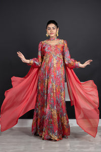 Coral Orange Crape Chudidar Kali