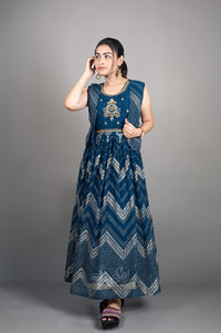 Royal Blue Print Work Chudidar Kali
